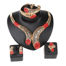 Conjunto de joias estilo africano, acessórios para festa de casamento, cores ouro, strass vermelho, colar, pulseira, brincos 2024 - compre barato