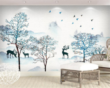 Beibehang-papel pintado con tinta china para sala de estar, pintura de paisaje con árbol, ciervo, pintura decorativa 2024 - compra barato