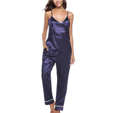 Womens Autumn Satin Silk Casual Pajamas Set Elegant Sleeveless top V-neck Vest And Long Pants Sleepwear Homewear pyjama femme 2024 - buy cheap