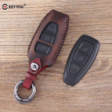 Брелок KEYYOU, кожаный чехол для ключей с 3 кнопками для Ford Fiesta Focus 3 4 MK3 MK4 Mondeo Ecosport Kuga Focus ST 2024 - купить недорого