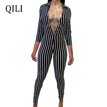 QILI Women Striped Skinny Jumpsuits Black Pink Sexy V-neck Zipper 3/4 Sleeve Bodycon Jumpsuit Casual Overalls 2024 - buy cheap