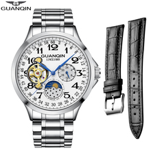Guanqin-relógio mecânico masculino automático, aço inoxidável, à prova d'água, lua, face, couro, relógio de pulso 2024 - compre barato