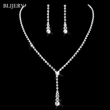 BLIJERY-Conjunto de joyería nupcial para dama de honor, collar y pendientes largos, de cristal plateado, para boda 2024 - compra barato