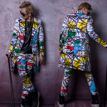 Personality Graffiti Pattern Long Coat Pant Men's Suits Nightclub Bar Dancer Performance Costume Singer Concert Stage Outfits 2024 - buy cheap