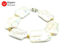 Qingmos-pulsera de perlas naturales para mujer, brazalete rectangular de perlas de agua dulce, blanco, 20x30mm, joyería de 7,5 pulgadas, bra462 2024 - compra barato