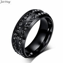 Julie Wang 1PC Titanium Steel Black Color Rings for Men Shiny Artificial Rhinestone Decored Men Jewelry Accessory 6-11US Size 2024 - buy cheap