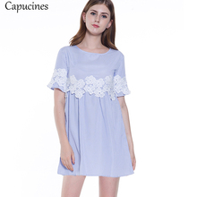 Cute Babydoll Lace Stitching Blue Striped Dress Women 2018 Summer Short Sleeve O-neck Casual Dress Party Mini Dresses 2024 - buy cheap