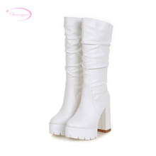 Chainingyee leisure style round toe mid-calf boots slip pleated platform white pink blue black high-heeled women's riding boots 2024 - buy cheap