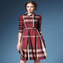 New 2015 Fashion Autumn Brand Elegant Different Design Slim Plaid Printed A-Line Dress Sashes Full Knee-Length khaki Dress 2024 - compra barato