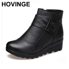 Hovinge, sapatos femininos de inverno, bota de cunha acolchoada de algodão, botas de couro genuíno, fivela, botas de neve 2024 - compre barato