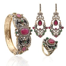 Special Offer Turkish Vintage Jewelry Sets 3 Pcs Women Bangle Bracelet Cuff Long Hook Dangle Earring Round Resin Antique Ring 2024 - buy cheap