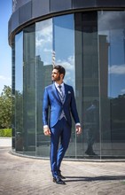 Traje de boda azul para novio, chaqueta + Pantalones + chaleco, estilo occidental, personalizado, para negocios 2024 - compra barato