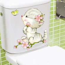 Vivid borboleta do gato adesivos de parede para quartos de crianças casa de banho wc home decor animal dos desenhos animados mural art adesivos de parede decalques diy 2024 - compre barato
