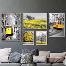 Pintura en lienzo de paisaje, cuadro de pared de estilo nórdico, amarillo, para sala de estar, decoración del hogar, escandinavo 2024 - compra barato