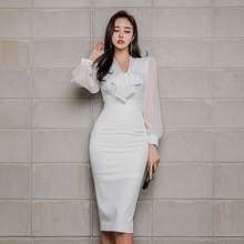 JSXDHK Business Long Sleeve White Dress Summer Women Lace Patchwork Mesh Pencil Dress Fashion Bow Female Bodycon Office Dress 2024 - buy cheap