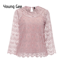 Young Gee Spring Lace Hollow Out Floral Blouse Elegant Women Tops Fashion Flare Sleeve Runway Black Pink Shirts blusas femininas 2024 - buy cheap