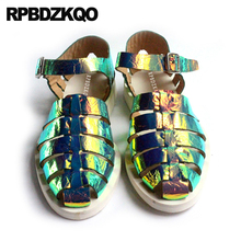 Flat Strap Closed Toe Men Gladiator Sandals Summer Shoes Casual Roman Breathable High Quality Luxury Genuine Leather Holographic 2024 - buy cheap