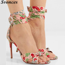 Sandales Femme 2019 Nouveau Sweet Girls High Heel Sandals Cherry Print Ankle Wrap Lady Shoes Summer Pink Party Women Heels 2024 - buy cheap