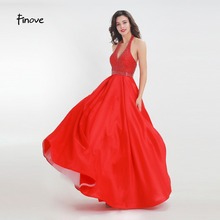 Finove Red Reflective Dress 2020 New Satin Dress Sexy Halter Crystals Beading Pockets A Line Dress Party Dress Gowns For Women 2024 - buy cheap