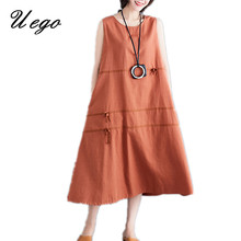 Uego Sleeveless Loose Summer Tank Dress Cotton Linen Korea Design Preppy Style Dress Women Casual Midi Party Dress 2024 - buy cheap