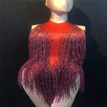 D36 Red tassel female bodysuit singer performance Rhinestone jumpsuit flashing outfits dance costumes model wears stage dress dj 2024 - buy cheap
