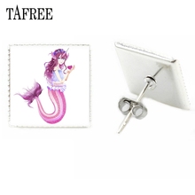 TAFREE Brand Mermaid Elves Square Stud Earrings Fashion Novelty Fairy Women Earring Best Friends Christmas Gifts Classic Jewelry 2024 - buy cheap