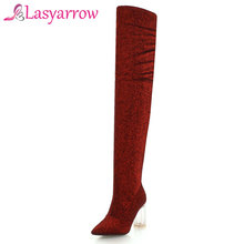 Lasyarrow-botas femininas cano alto, sexy, acima dos joelhos, ponta de ponta, salto alto, botas longas, preto, vermelho, sapatos de casamento, dourado, prata 2024 - compre barato