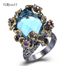 Anel de cristal azul retangular grande, fantástico, joia da moda, preto, banhado a preto, jóias de alta qualidade, flor grande, envio rápido 2024 - compre barato