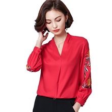 Fashion Women Blouses 2021 Autumn Ladies Embroidered V-neck Long Sleeve Top Chiffon Blouse 2024 - buy cheap