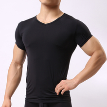 Sexy Ultra-thin Sheer Man Fitness Polyester Undershirts Gay Ice Silk V-neck Transparent Shirts 2017 New Fashion 2024 - buy cheap