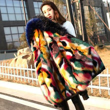 Faux Mink Fur Collar Hooded Jacket Long Parker Coat Underwear Rainbow Color Faux Fox Fur Trench Coat Cardigan Tops Furry Jacket 2024 - buy cheap