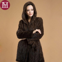 Chaqueta de piel auténtica de visón con capucha para mujer, abrigo largo de 100% con Piel de visón natural, elegante, para invierno 2024 - compra barato