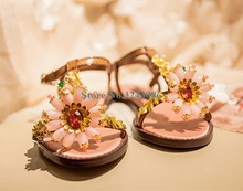 2019 New Arrival Bling Bling Crystal Flower Flat Sandals T Strap Jewelry Summer Beach Shoes Open Toe Buckle Strap Ladies Shoes 2024 - buy cheap