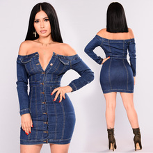 Женское облегающее джинсовое мини-платье Wendywu, с длинным рукавом и вырезом лодочкой, элегантные джинсы на пуговицах, Повседневное платье Vestidos 2024 - купить недорого