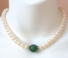 beautiful 9-10mm south sea white pearl + green jade necklace 14K Gold Clasp 18" 2024 - buy cheap