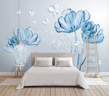 Customized mural wallpaper 3d three-dimensional blue flower background wall simple European background wall 2024 - buy cheap