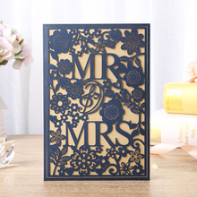 (100 unids/lote) cortado con láser MR & MRS Azul Marino Tarjeta de invitación para matrimonio flor hueca impresión personalizada tarjetas de compromiso CX030B 2024 - compra barato