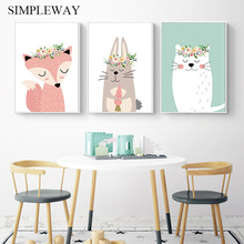 Baby Nursery Wall Art Canvas Poster and Print Fox Rabbit Cartoon Animal Painting Decorative Picture Nordic Kids Bedroom Decor 2024 - buy cheap