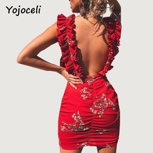 Yojoceli chic floral print deep v neck bodycon dress women ruffled mini short dress club party wear female dress 2024 - buy cheap