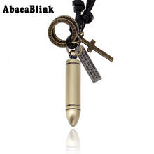Punk Rock Design Antique Bullet Cross Dog Tag Men Necklaces Pendants Charm Long Leather Choker Necklace Cord Handmade Jewellery 2024 - buy cheap