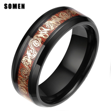 8MM Gold Dragon Wood Inlay Black Titanium Ring For Men Engagement Rings Wedding Band Comfort Fit Women Fashion Jewelry For Party 2024 - buy cheap