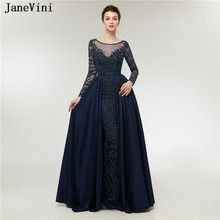 JaneVini Elegant Mermaid Dark Blue Long Bridesmaid Dresses with Train Scoop Neck Sweep Train Luxurious Beading Satin Prom Gowns 2024 - buy cheap