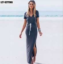 short-sleeved maxi dress slender tie waist split pencil long casual slit elegant lady dress casual female sundress Plus-sized 2024 - buy cheap