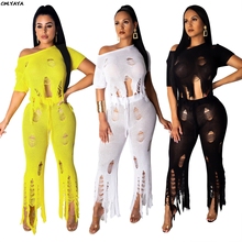 2019 New women summer cut out tassel sweater short sleeve top wide leg pants suit two piece set fashion tracksuit outfit GLME279 2024 - buy cheap