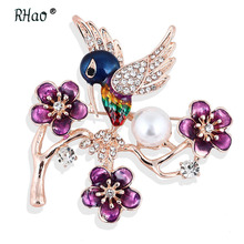 RHao 2018 New Flying Bird brooches Enamel Purple Flowers Multi Bird Crystal Brooch pins women men's suit corsage clips girl pins 2024 - buy cheap