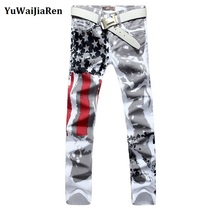 Yuwaijiare calças masculinas de tamanho grande 28-48, novas com estampa branca jeans slim stretch com bandeira americana para homens 2024 - compre barato