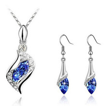 USTAR Blue Crystals Jewelry Set Water Drop Earrings and Pendant Necklace Silver color Chain Wedding Jewelry Set for women 2024 - buy cheap