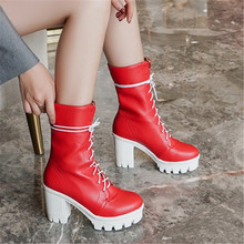 PXELENA Vintage Punk Gothic Mid Calf Boots Women Chunky Block Thick High Heels Lace Up Rock Lace Up  Boots Autumn Winter 2024 - buy cheap