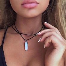 Women Double Layer Faux Leather Rope Choker Necklace Fashion Imitation Crystal Opal Bullet Hexagonal Prism Stone Pendant Necklac 2024 - buy cheap