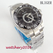 Bliger-reloj con esfera negra para hombre, pulsera de cristal de zafiro GMT, bisel de cerámica, movimiento automático, 43mm 2024 - compra barato